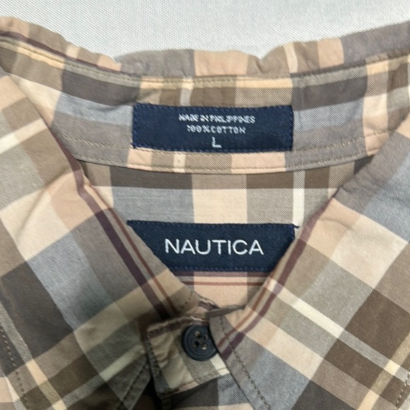Nautica Beige and Brown Plaid Button Down Shirt - Picture 5 of 10